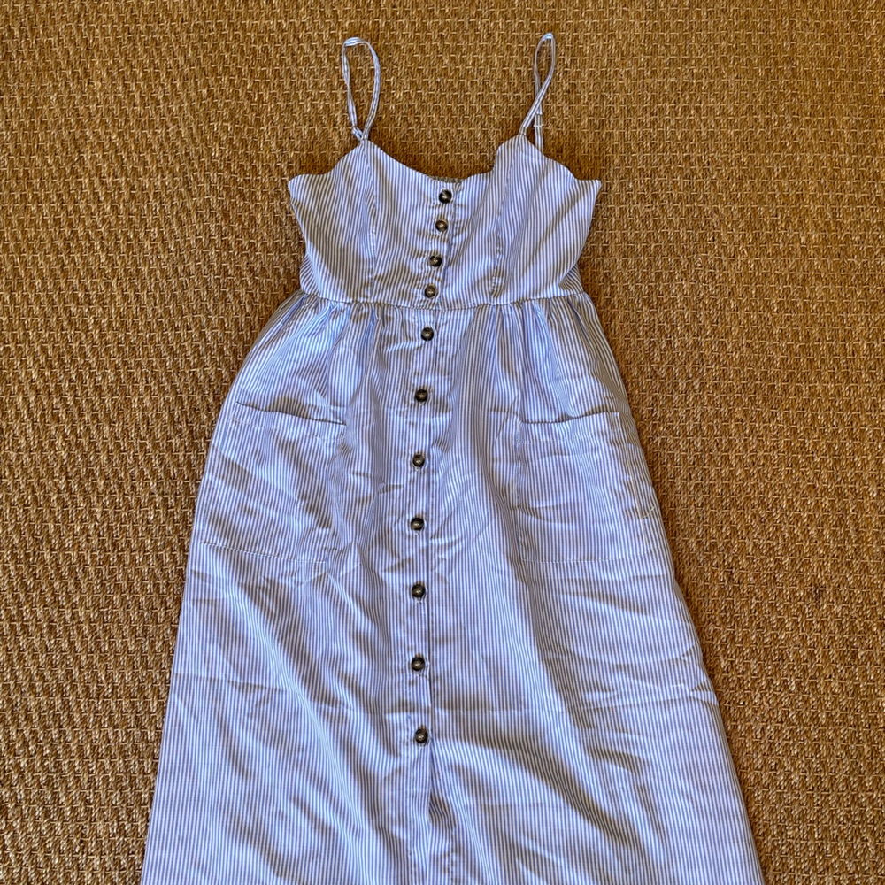 Small, long, blue and white striped button down dress